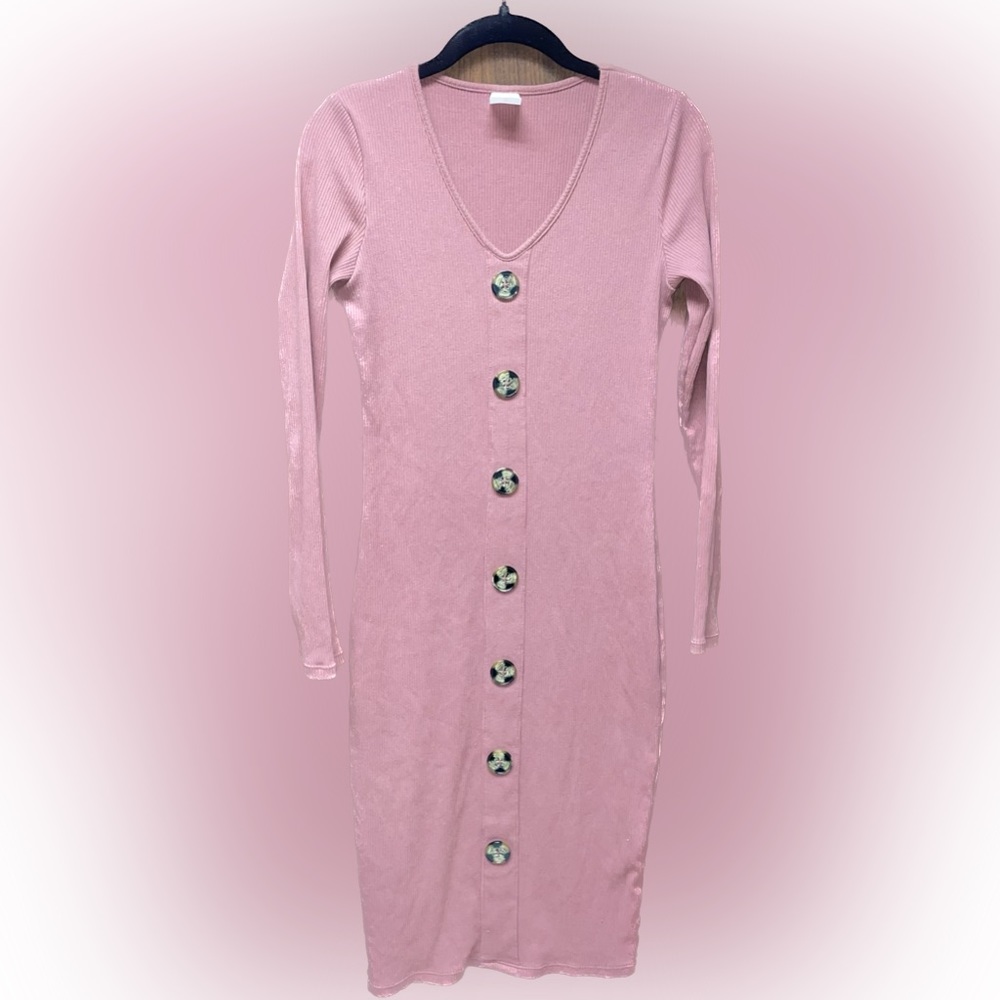 PINK BUTTON DOWN RIBBED DRESS